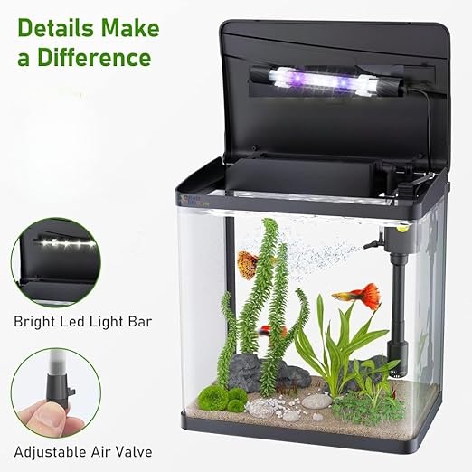 Nemo (RX-230 Thunder Black) Aquarium Starter Kit Small Acrylic Betta Fish Tank Desktop with Filter Pump LED Light, Crystal Clear 360° Viewing, Shatter-Resistant & Leak-Proof Base|Size - 28*23*16cm