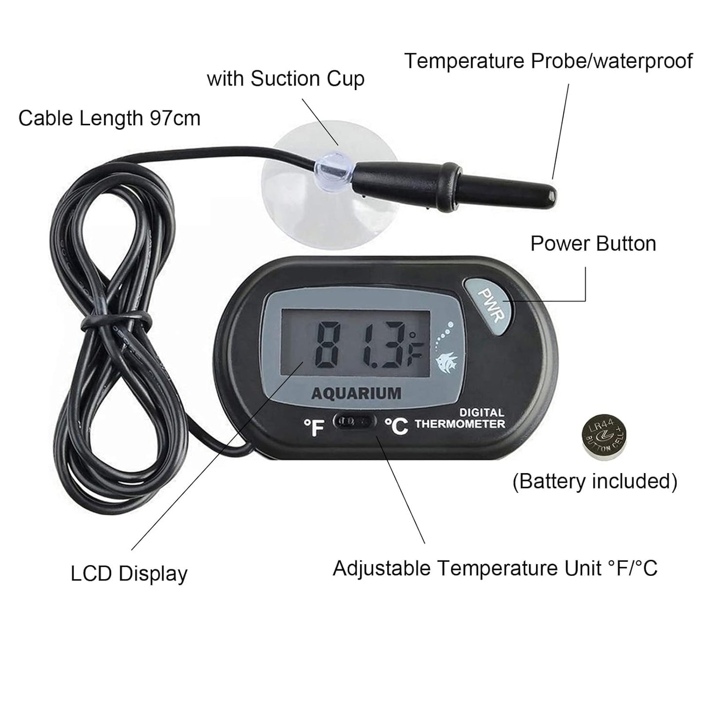 PetzLifeworld Digital LCD Aquarium Thermometer with Suction Cups | Battery Replaceable | Aquarium  Fish Tank Temperature Monitor