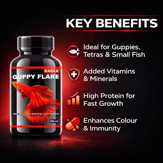 petzlifeworld Eagle Guppy Flake (100ml) High Protein Aquarium Fish Food | Ideal for Guppy, Tetra, Endler & Other Small Fish | Breeding Support, Fast Growth, Colour Enhancement | Added Vitamins & Minerals