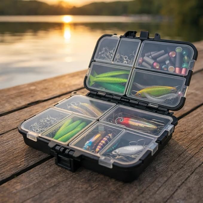petzlifeworld Mini  and small Portable Fishing Tackle Box, 1pc Black Multi-Compartment Organizer with Lockable Lid & Design, Durable Lure Storage Case for Hooks, Rigs & Fishing Gear, Ideal for Anglers & Outdoor Use