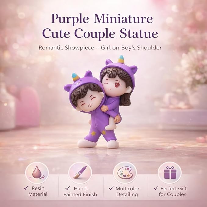 petzlifeworld Purple Miniature Cute Couple Statue – Girl on Boy’s Shoulder Resin Showpiece | Romantic Gift for Girlfriend, Boyfriend, Husband, Wife | Mini Desk & Car Dashboard Decor (6 cm)