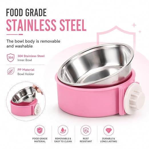 Petzlifeworld 2-in-1 Hanging Pet Food & Water Bowl | Stainless Steel Removable Feeding Bowl with Secure Cage Clip Holder | Suitable for Cats, Dogs, Rabbits, Birds & Small Animals | Random Colour