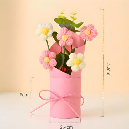 petzlifeworld Handmade Crochet Flower Bouquet with Pink Vase – Artificial Pink & White Daisy Flowers in Gift Box | Cute Home Decor for Desk, Bedroom, Office for Girls, Couples & Friends