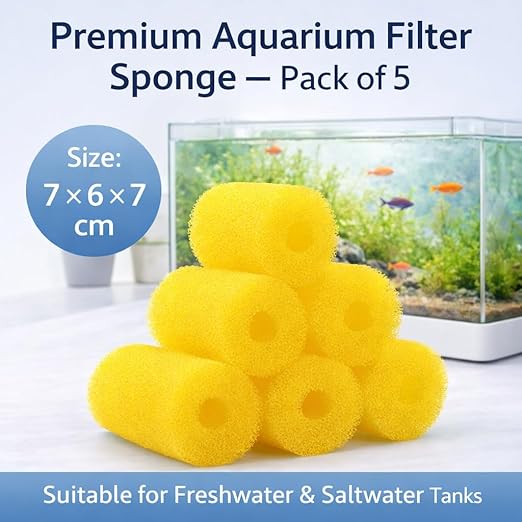 petzlifeworld 5 Pcs Aquarium Filter Spare Yellow Sponge (7×6×7 cm) | High Density Pre-Filter Foam | Reusable & Safe for Freshwater & Saltwater Tanks