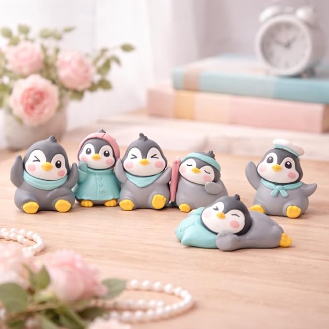 petzlifeworld 6 Pcs Cute Winter Penguin Miniature Figurines – Resin Mini Penguins for Home Decor, Car Dashboard, Office Desk Decoration – Adorable Gift for Kids, Couples & Friends