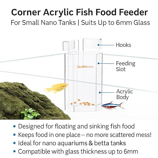 petzlifeworld Corner Acrylic Floating and Sinking Fish Food Feeder for Nano Aquariums | Ideal for Betta, Guppy, and Shrimp Tanks | Fits up to 6mm Glass