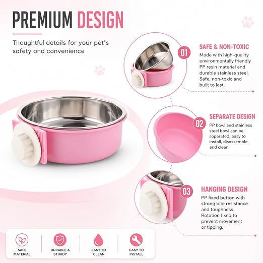 Petzlifeworld 2-in-1 Hanging Pet Food & Water Bowl | Stainless Steel Removable Feeding Bowl with Secure Cage Clip Holder | Suitable for Cats, Dogs, Rabbits, Birds & Small Animals | Random Colour