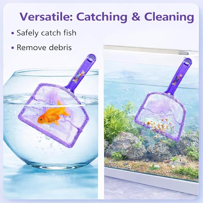 Petzlifeworld 2 Pcs Purple Aquarium Fish Net Combo (4 & 6 Inch) | Nylon Mesh Fish Catcher with ABS Handle | Floating Aquarium Net for Fish, Shrimp & Tank Cleaning