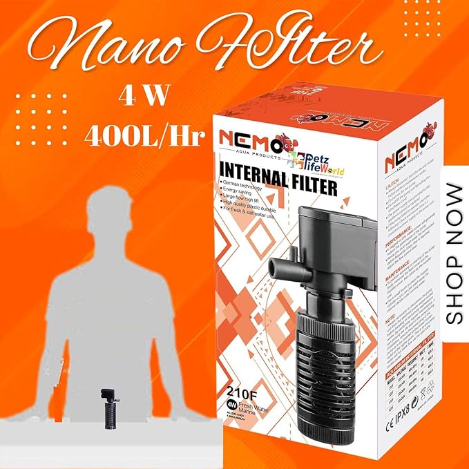 Nemo 4 In 1 Submersible Aquarium Internal Filter | 210F | 4 Watts | 400 L/Hr | Ultra Silent Fast and Effective Filtration For Fish Tank | Upto 1.5 Feet Tank