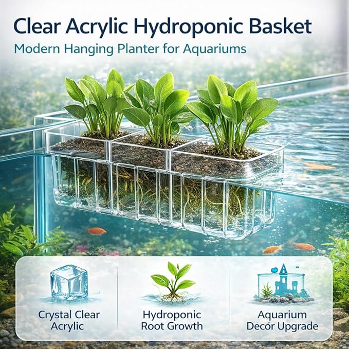 petzlifeworld 1Pcs Clear Acrylic Three-Compartment Hanging Hydroponic Planter | Hanging Plant Holder with Visible Root Growth | Decorative Aquatic Planter for Fish Tanks (18 × 6.5 × 8 cm)