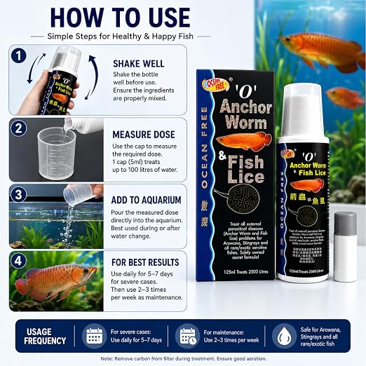 Petzlifeworld Ocean Free O Anchor Worm & Fish Lice, 125ML | Treats All External parasitical Disease Problems for Arowana's, Stingrays and All Rare/Exotic Sensitive Fishes