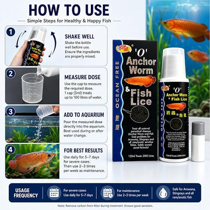 Petzlifeworld Ocean Free O Anchor Worm & Fish Lice, 125ML | Treats All External parasitical Disease Problems for Arowana's, Stingrays and All Rare/Exotic Sensitive Fishes