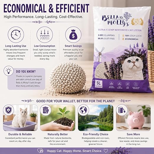 petzlifeworld Bella & Molly’s Fresh Bentonite Cat Litter 5L | 3-Second Fast Clumping | 99.9% Dust-Free | 10X Odor Lock | Long-Lasting Freshness