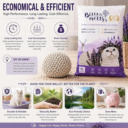 petzlifeworld Bella & Molly’s Fresh Bentonite Cat Litter 5L | 3-Second Fast Clumping | 99.9% Dust-Free | 10X Odor Lock | Long-Lasting Freshness