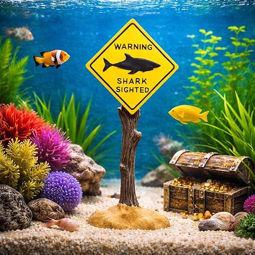 Petzlifeworld Shark-Sighted Warning Sign Decoration for Aquariums, Fish Tanks, Ponds & Bathtubs | Miniature Marine Landscape Decor | Realistic Nautical Theme, Durable Resin