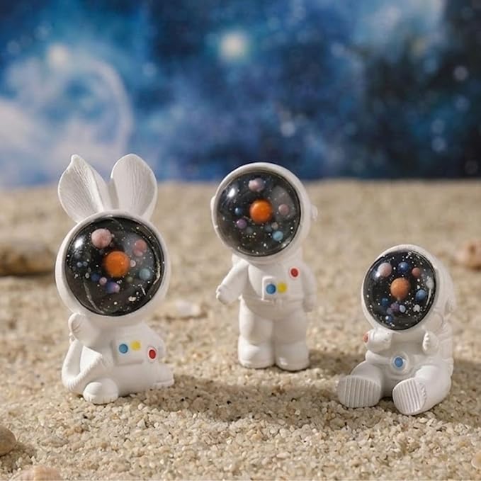 Petzlifeworld 3-Piece Mini Resin Astronaut & Space Bunny Figurine Set | Outer Space Action Figures for Home & Office Desk Decor | Best Astronomy Lover Gifts | Miniature Poly Resin Desk Ornaments