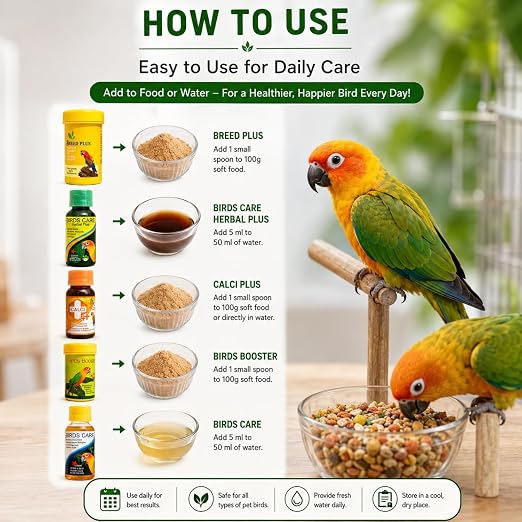 Petzlifeworld Bird Care 5 in 1 Combo for All Your Pet Birds (Birds Care, 60Ml + Birds Care Herbal Plus, 60Ml + Calci Plus, 30Ml + Bird Booster, 50G + Breed Plus, 50G)