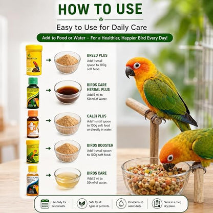 Petzlifeworld Bird Care 5 in 1 Combo for All Your Pet Birds (Birds Care, 60Ml + Birds Care Herbal Plus, 60Ml + Calci Plus, 30Ml + Bird Booster, 50G + Breed Plus, 50G)