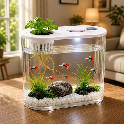 petzlifeworld PS-30L Fish Tank with Plant Growing Basket & 7-Color LED Light | 10L Desktop Aquarium (30 x 13 x 28 cm) | Crystal Clear Aquatic Tank for Guppy, Betta & Small Fish | Modern Home
