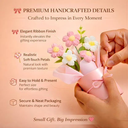 petzlifeworld Handmade Crochet Flower Bouquet with Pink Vase – Artificial Pink & White Daisy Flowers in Gift Box | Cute Home Decor for Desk, Bedroom, Office for Girls, Couples & Friends