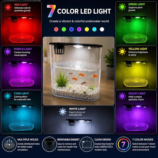 petzlifeworld PS-30L Fish Tank with Plant Growing Basket & 7-Color LED Light | 10L Desktop Aquarium (30 x 13 x 28 cm) | Crystal Clear Aquatic Tank for Guppy, Betta & Small Fish | Modern Home