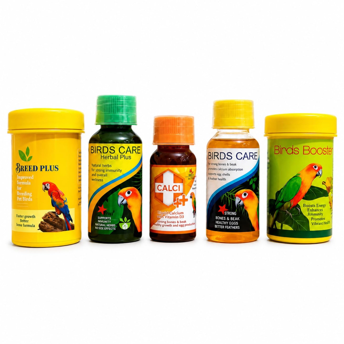 Petzlifeworld Bird Care 5 in 1 Combo for All Your Pet Birds (Birds Care, 60Ml + Birds Care Herbal Plus, 60Ml + Calci Plus, 30Ml + Bird Booster, 50G + Breed Plus, 50G)