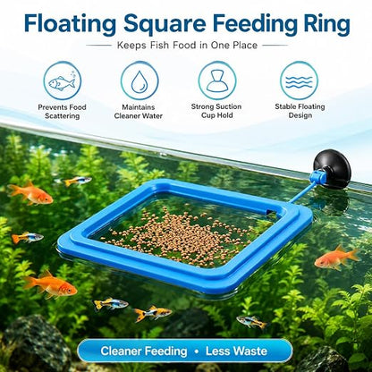 PetzLifeworldPlastic Fish Feeder for Aquarium Tank Floating Food Feeding Ring, Square - Aquarium Fish Tank Accessories Cichild, Beta, Goldfish, Spirulina and Koi Pond - with Suction Cup