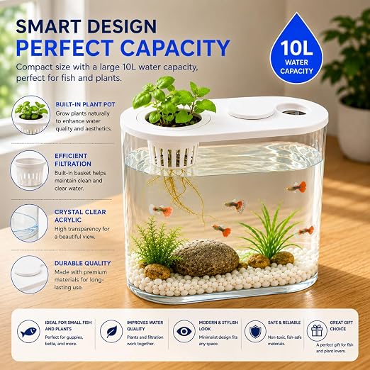 petzlifeworld PS-30L Fish Tank with Plant Growing Basket & 7-Color LED Light | 10L Desktop Aquarium (30 x 13 x 28 cm) | Crystal Clear Aquatic Tank for Guppy, Betta & Small Fish | Modern Home