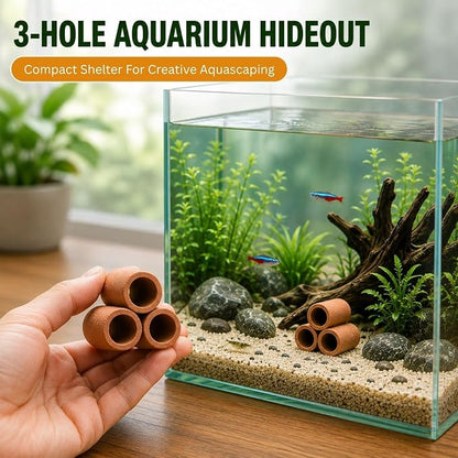 Petzlifeworld  3-Hole Natural Clay Aquarium Hideout | Terracotta Tube Cave Shelter for Small Fish & Shrimp | Fish Tank Ornament for Hiding, Resting & Aquascaping