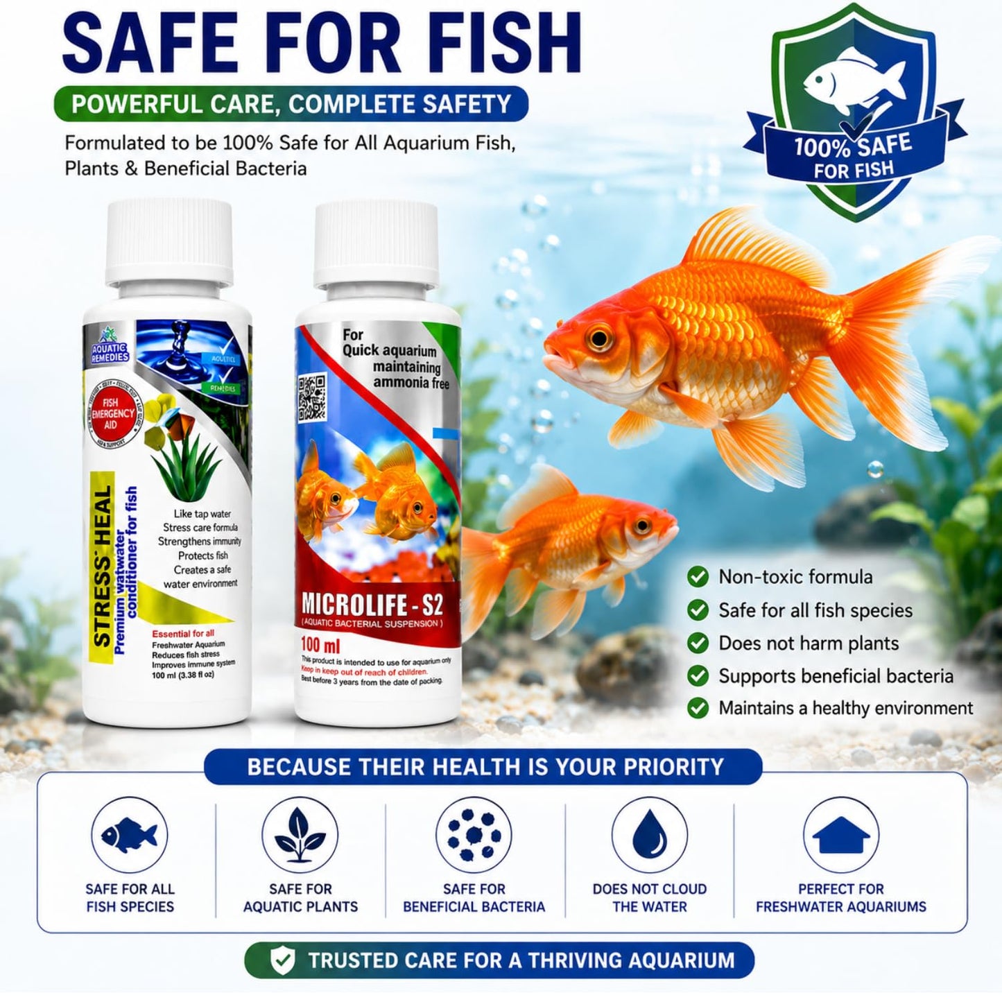 Petzlifeworld Aquatic Remedies (Pack of 2) Stress Heal-100ml & MIcrolife S2-100ml Aquarium Water Condiitoner
