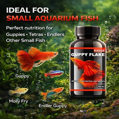 petzlifeworld Eagle Guppy Flake (100ml) High Protein Aquarium Fish Food | Ideal for Guppy, Tetra, Endler & Other Small Fish | Breeding Support, Fast Growth, Colour Enhancement | Added Vitamins & Minerals