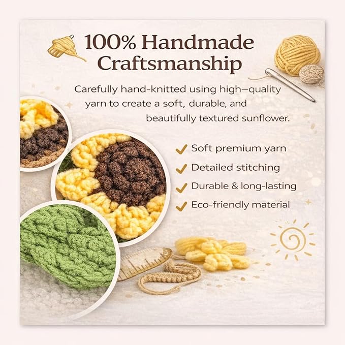 petzlifeworld Hand-Knitted Sunflower Potted Plant, Crochet Artificial Flower Decoration, Mini Yarn Knitted Sunflower Pot, Cute Desktop Decor, Handmade Simulation Flower Gift for Home Office Table Decor