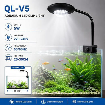 Petzlifeworld QL-V5 Aquarium Flying Saucer Clamp Lamp 5W | 360° Flexible Neck with Clamp | Bright White LED Light for 20–30cm Fish Tanks | 220–240V | for Betta, Shrimp, Nano & Planted Aquariums
