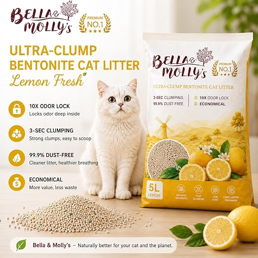 petzlifeworld Bella & Molly’s Fresh Bentonite Cat Litter 5L | 3-Second Fast Clumping | 99.9% Dust-Free | 10X Odor Lock | Long-Lasting Freshness