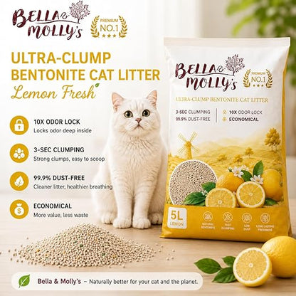 petzlifeworld Bella & Molly’s Fresh Bentonite Cat Litter 5L | 3-Second Fast Clumping | 99.9% Dust-Free | 10X Odor Lock | Long-Lasting Freshness