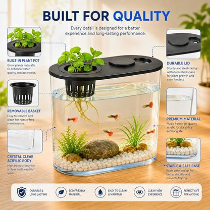petzlifeworld PS-30L Fish Tank with Plant Growing Basket & 7-Color LED Light | 10L Desktop Aquarium (30 x 13 x 28 cm) | Crystal Clear Aquatic Tank for Guppy, Betta & Small Fish | Modern Home