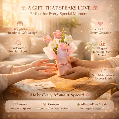 petzlifeworld Handmade Crochet Flower Bouquet with Pink Vase – Artificial Pink & White Daisy Flowers in Gift Box | Cute Home Decor for Desk, Bedroom, Office for Girls, Couples & Friends
