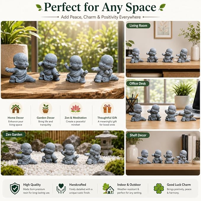 Petzlifeworld   4 Pcs Mini Monk Figures – Retro Resin Buddhist Statues | Cute Stone-Look Monk Decor for Aquarium, Home, Office, Garden, Desk, Shelf & Zen Decoration