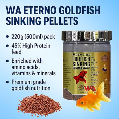 WA Wa Eterno Gold Fish Sinking Pellets Fish Food,220G(500Ml)|45% High Protein Feed Enriched With Aminoacids Vitamins And Minerals For Premium Grade Gold Fish By Petzlifeworld