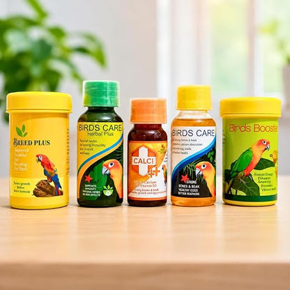 Petzlifeworld Bird Care 5 in 1 Combo for All Your Pet Birds (Birds Care, 60Ml + Birds Care Herbal Plus, 60Ml + Calci Plus, 30Ml + Bird Booster, 50G + Breed Plus, 50G)