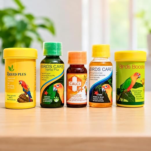 Petzlifeworld Bird Care 5 in 1 Combo for All Your Pet Birds (Birds Care, 60Ml + Birds Care Herbal Plus, 60Ml + Calci Plus, 30Ml + Bird Booster, 50G + Breed Plus, 50G)