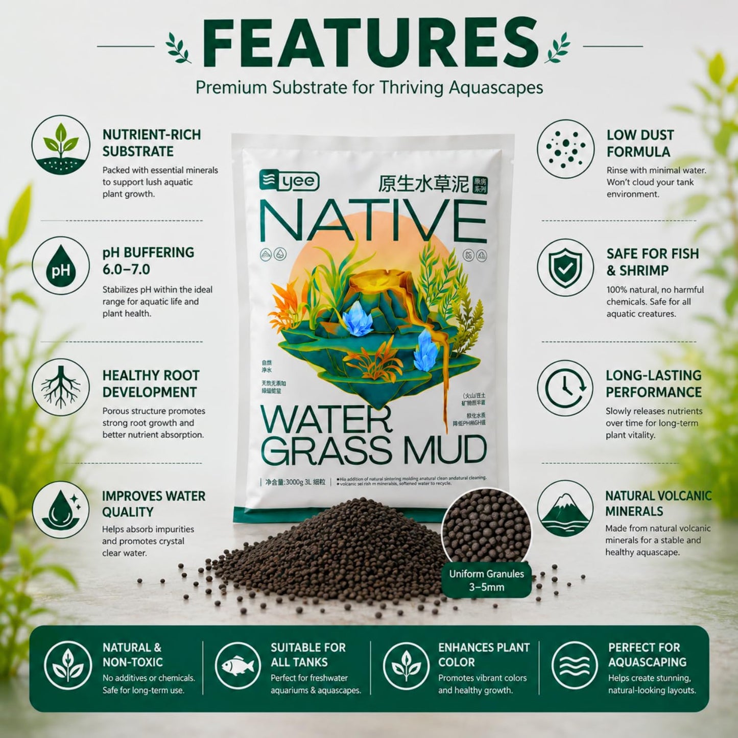 YEE 3L Native Water Grass Aquarium Soil for Planted Aquarium | Nutrient Rich Aqua Soil Substrate for Fish Tanks | pH Buffering 6.0–7.0 | Low Dust Long-Lasting Granules