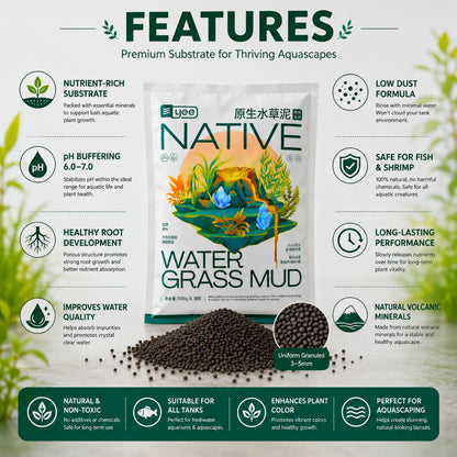 YEE 3L Native Water Grass Aquarium Soil for Planted Aquarium | Nutrient Rich Aqua Soil Substrate for Fish Tanks | pH Buffering 6.0–7.0 | Low Dust Long-Lasting Granules