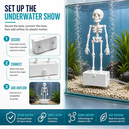 Petzlifeworld 3D Printed Dancing Skeleton Aquarium Ornament – White & Black Variations | Bubble-Activated Moving Fish Tank Decoration with Air Tube Connection & Stable Base