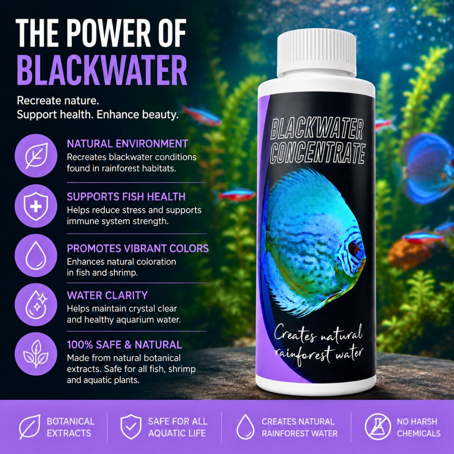 Petzlifeworld Aquatic Remedies Blackwater Concentrate 120ml for Aquariums | Natural Tannin Water Conditioner | Creates Amazon Blackwater Habitat | Enhances Fish Color & Health for Discus, Bettas, Tetras & Shrimp
