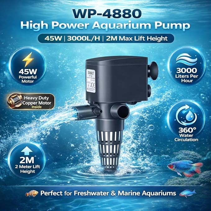 SOBO WP-4880 | 45W | 2M Lift Height Aquarium Submersible Pump 3000L/H High Flow Power Head | Multi-Function Water Circulation, Oxygenation & Filter Support for Freshwater & Marine Tanks