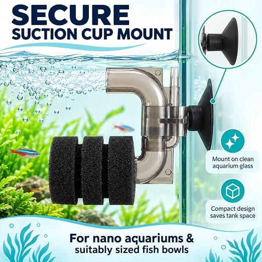 Petzlifeworld Mini C-Type Bio Sponge Filter for Nano Aquariums & Fish Bowls (9 × 7 × 4 cm) Suction Cup Mount | Biological Filtration & Aeration | 4 mm Air Hose Connection