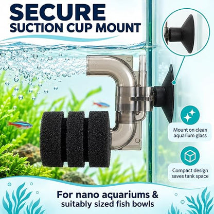 Petzlifeworld Mini C-Type Bio Sponge Filter for Nano Aquariums & Fish Bowls (9 × 7 × 4 cm) Suction Cup Mount | Biological Filtration & Aeration | 4 mm Air Hose Connection