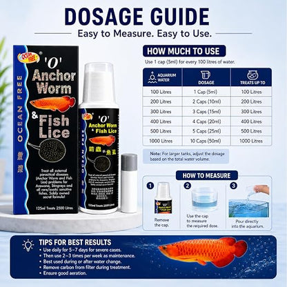 Petzlifeworld Ocean Free O Anchor Worm & Fish Lice, 125ML | Treats All External parasitical Disease Problems for Arowana's, Stingrays and All Rare/Exotic Sensitive Fishes