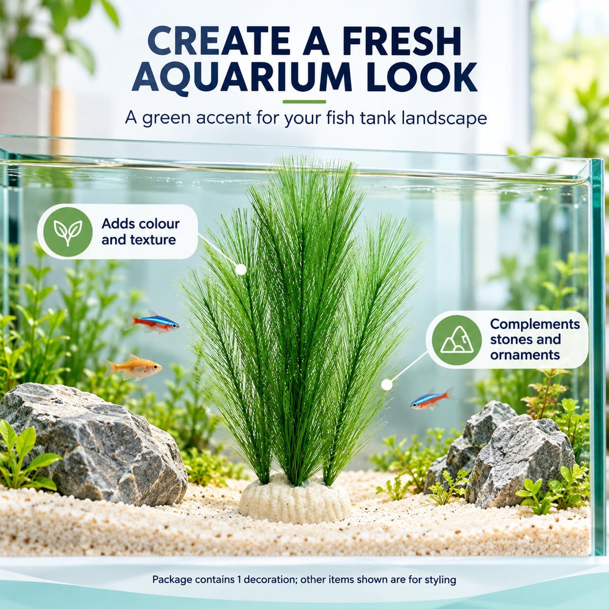Petzlifeworld 1 Pcs Artificial Water Grass Aquarium Decoration (38 cm) Green Feather-Look Plant with Base | Simulation Aquatic Plant for Fish Tank Landscape & Aquascaping